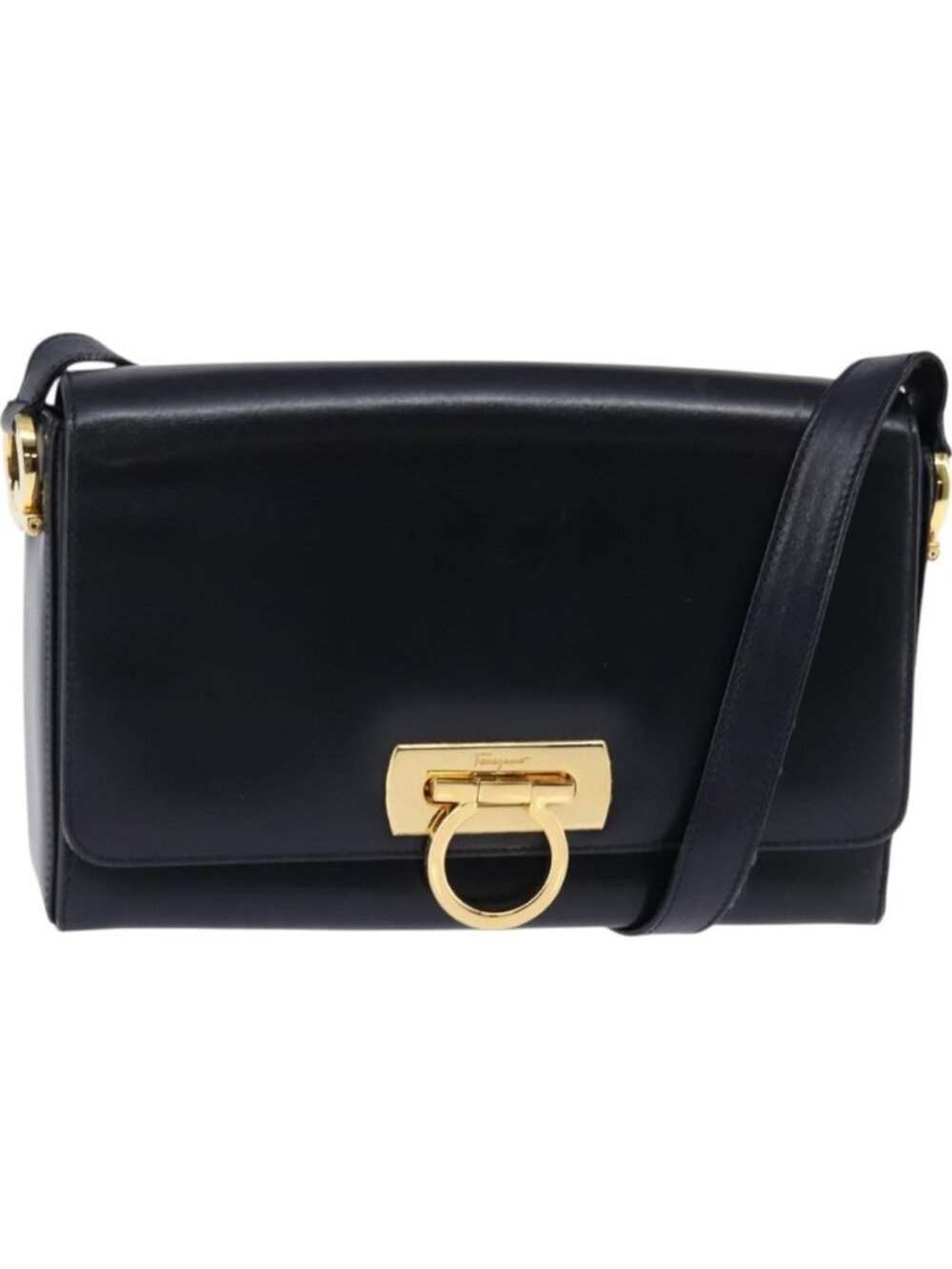 Salvatore Ferragamo Gancini Chain Shoulder Bag Leather Navy Gold